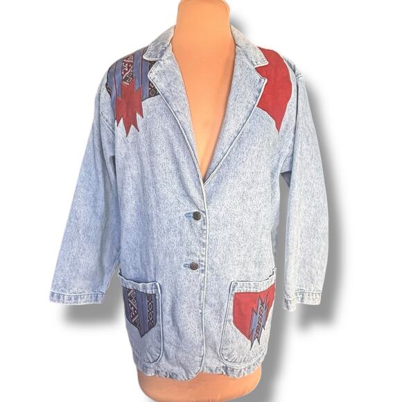 Vintage 90s Frontier Connection Denim Jacket Oversized Blazer Southwestern Art - Picture 1 of 12